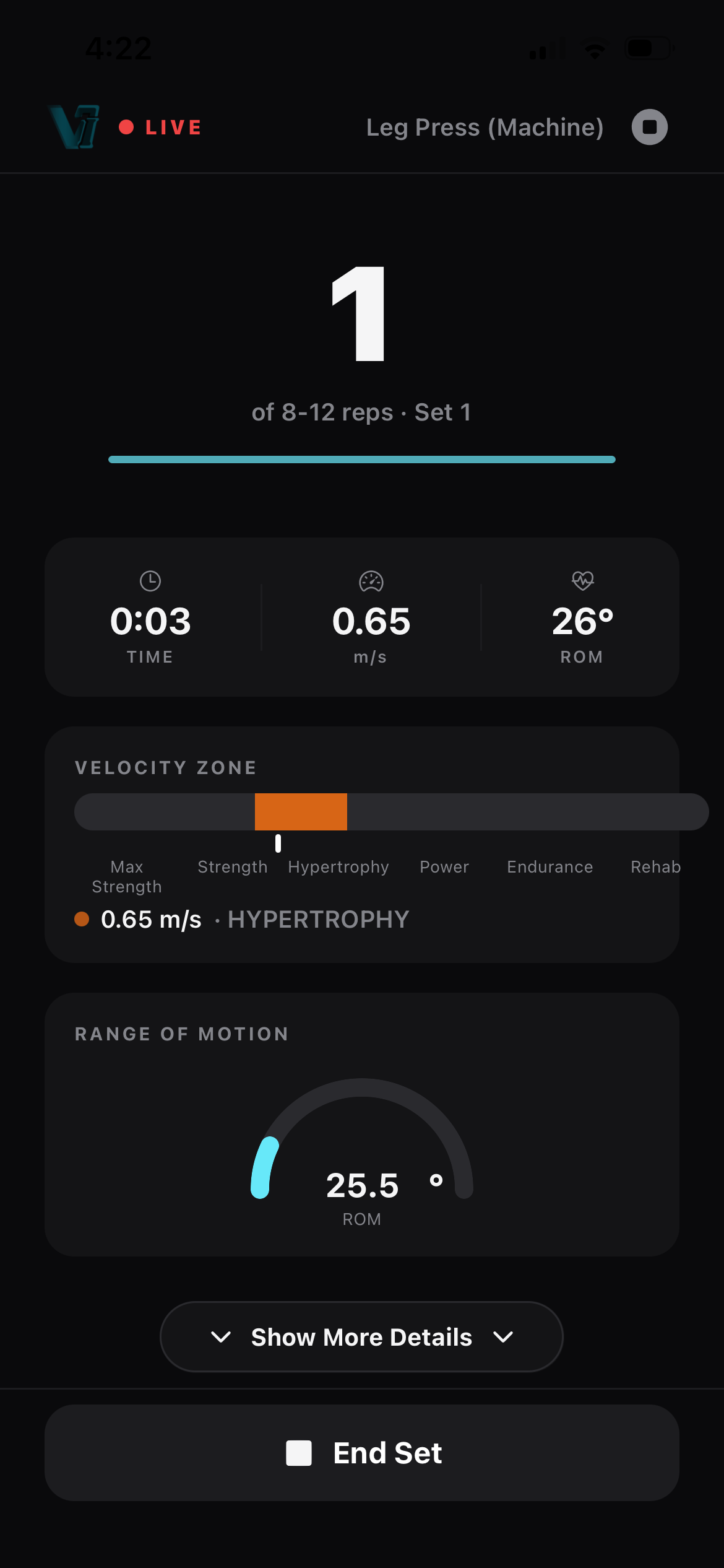 V-GRIP live tracking screen showing velocity zones and range of motion