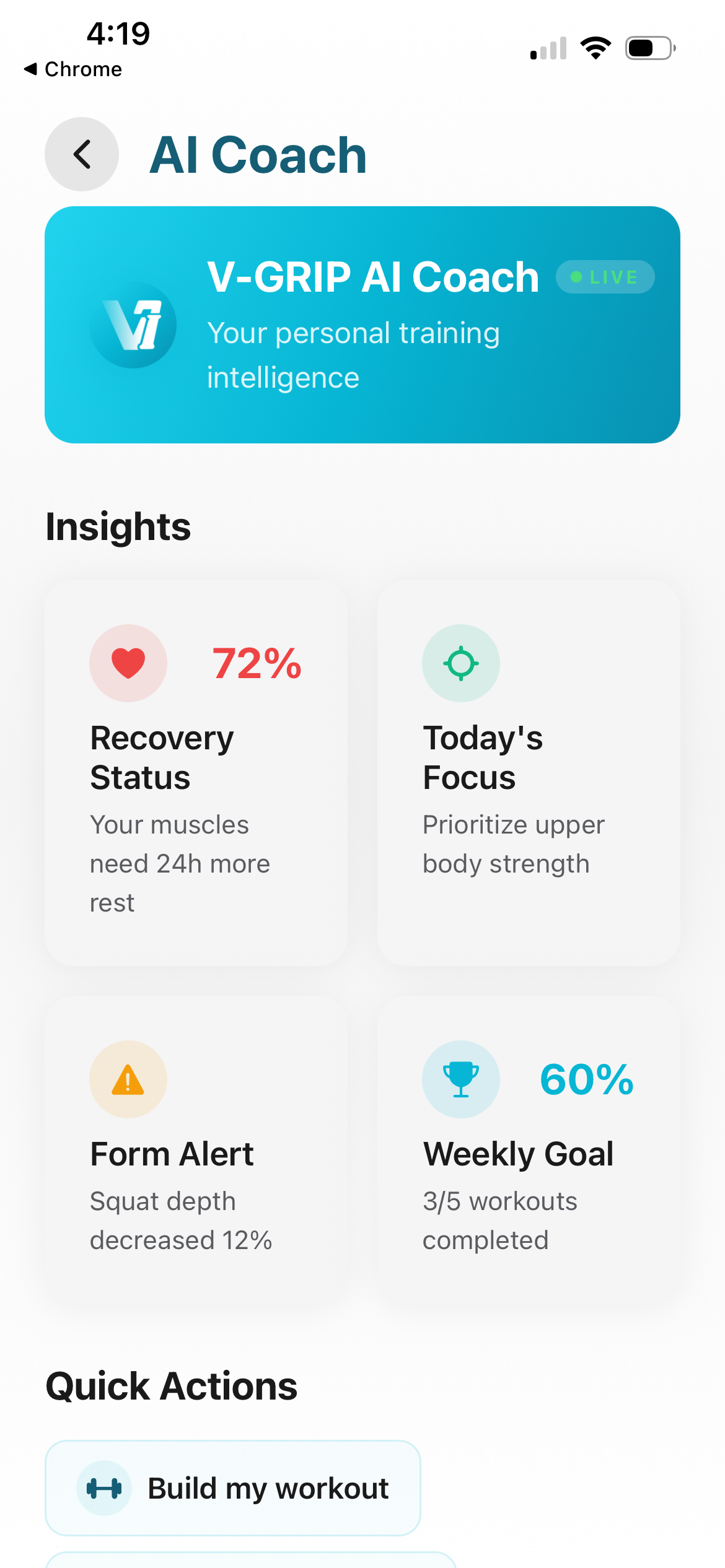 V-GRIP AI Coach dashboard with recovery, focus, and form insights