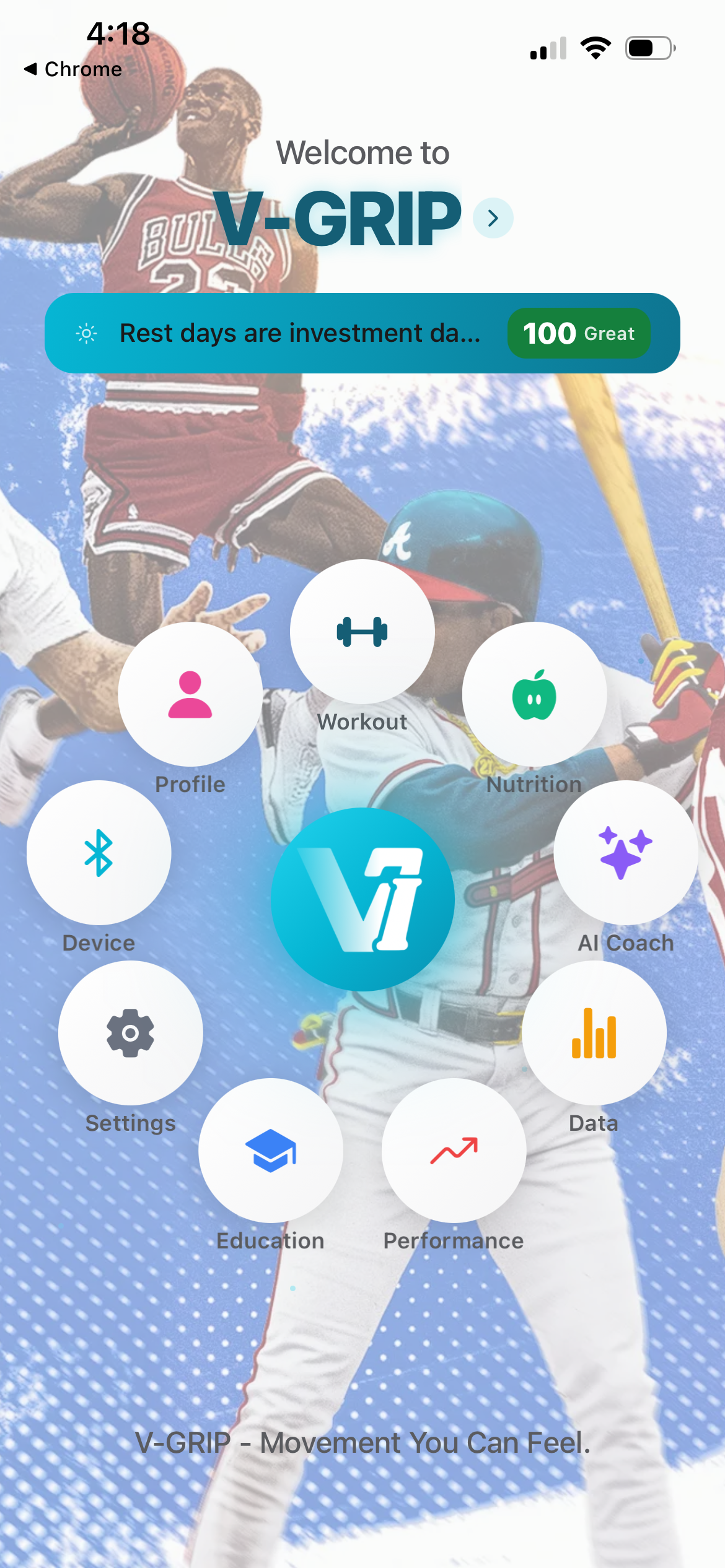 V-GRIP app home screen with feature wheel