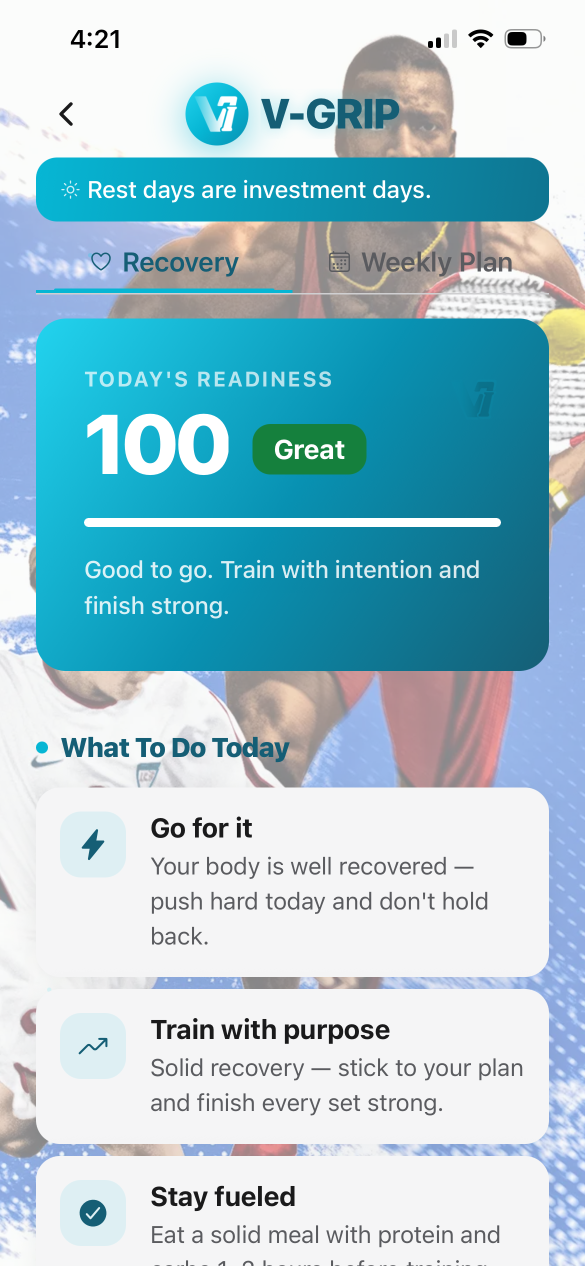 Today's readiness score with recovery recommendations